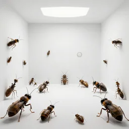 a white room full of insects mutants