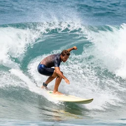 champion surfers on big wave, in style of jeremy lipkin