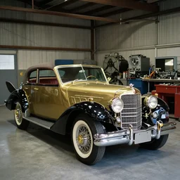vintage single cadillac car with brass equipment in a hanger with large equiptment