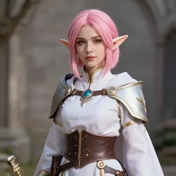 beautiful pink short haired half elf woman cleric, 4 k, highly detailed