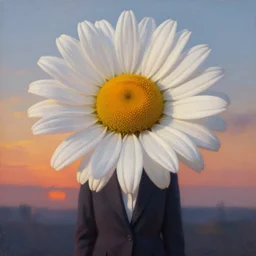 enlarged daisy flower head, frontal, girl in a suit, surreal photography, sunrise, dramatic light, impressionist painting, digital painting, artstation, simon stalenhag