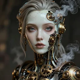 Portrait of a beautiful steampunk female android, cracked porcelain face, steam, exposed inner gears, soulful eyes, high detail, realistic octane render