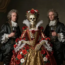 a skeleton Queen, France, wine, costumes, two twin servants, the shining, red and white flowers, perfume, baroque, Dutch masters, Stanley Kubrick