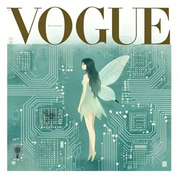 illustration studio of a lonely fairy, vogue cover style, poster art, circuit boards