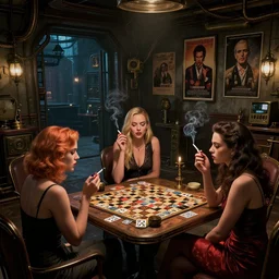 women in the interior of a steampunk apartment, Milo Manara, night time, Margot Robbie, Scarlett Johanson, zoey Deschannel, smoking cigarettes, playing board games, highly detailed, Tarantino movie posters, melancholy, level design, concept art, artstation, cgsociety, zenith view