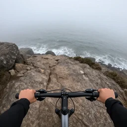 POV bicycle: on a rocky path, Rider's first person holding the handlbars, point of view, GoPro, high 8k quality! entering the scary murky ocean, Fog. Ultrarealistic