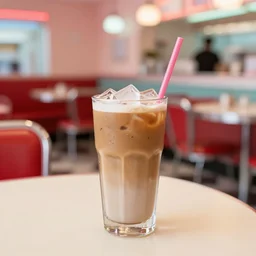 iced latte in a 50s diner, photography, 50s theme