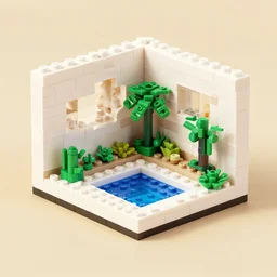 habitat 6 7, white lego architect building in the dessert, many plants and infinite pool