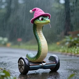 A snake with a funny hat standing on a hoverboard while rain pours down from above, HDR, 8k, trending on artstation
