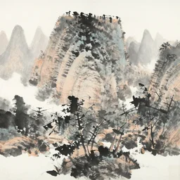a chinese painting of a landscape, brushstrokes are coarse and scattered, with zero color embellishment