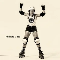 roller derby girl, pig tails, full length portrait, logo, wearing skating helmet, wearing torn clothes, showing victory, Philippe Caza, 2 colour print