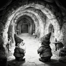 black and white one point perspective dungeon cozy fantasy dungeon the stable gnome acolyte Kader asks you for help with the blade ghost,by artgerm and Craig Mullins, James Jean, Andrey Ryabovichev, Mark Simonetti and Peter Morbacher 16k