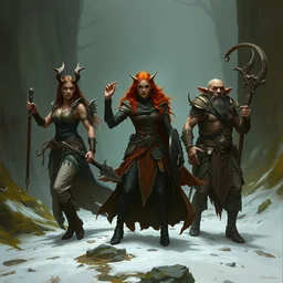 a tiefling woman sorcerer, a ginger woman bard, a ginger dwarf warrior, a goblin druid, matte painting by greg rutkowski, artstation