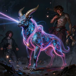 awe-inspiring award-winning concept art painting of attractive minotaur in neon shrouds as the goddess of lasers, sparks, by Michael Whelan, William Adolphe Bouguereau, John Williams Waterhouse, and Donato Giancola, cyberpunk, extremely moody lighting, glowing light and shadow, atmospheric, shadowy, cinematic, 8K,