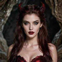 a gorgeous succubus in a cave, flawless symmetrical face, greg rutkowski, 8 k, shallow depth of field, intricate detail, concept art,