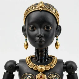 a hyper detailed ultra sharp portrait of robot made out of black frosted plastic with golden ornaments, african culture, up close shot, sharp focus, global illumination, radiant light, biomechanical gold rhizomorphs headdress, cyberpunk brackets, studio ghibli, unreal 5, daz, hyperrealistic, octane render, cosplay, rpg portrait, dynamic lighting, intricate detail, harvest fall vibrancy, cinematic