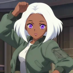 anime poster film still portrait of a black young woman, large, purple eyes!!!!, white hair!!!!!, french bob, green!!!!! bomber jacket, detailed facial features, dynamic pose, cute face by ilya kuvshinov, yoh yoshinari, makoto shinkai, rimlight, cel shaded, 4 k