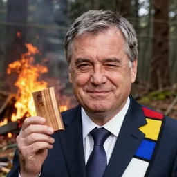 viktor orban burning down a forest, holding a wood piece, highly detailed winking face, de stijl mondrian