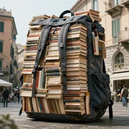 backpack full of books gigant in the city of genoa. enormous backpack. cinematic. realistic.