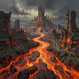 one point perspective fantasy lava rivers village temple view by artgerm and Craig Mullins, James Jean, Andrey Ryabovichev, Mark Simonetti and Peter Morbacher 16k
