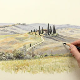 pencil drawing on an oil painting of tuscany
