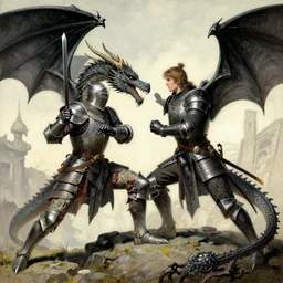 “ knight fighting dragon in the style of larry elmore ”