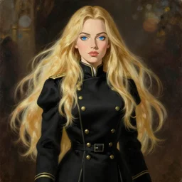 baroque oil painting margot robbie ln illustration concept art lotr anime key visual portrait long flowing blonde hair blue eyes symmetrical perfect face fine detail delicate features quiet gaze fitted black military uniform gapmoe kuudere bokeh trending pixiv fanbox by greg rutkowski makoto shinkai takashi takeuchi studio ghibli