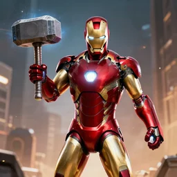 iron man holding thousands hammer