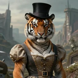 highly detailed portrait photo of an anthropomorphic mutant with the head of a tiger, wearing a overgown and a top hat in a dystopian scenic environment, hyperrealistic Illustration