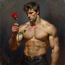 A muscular male holding a rose, oil on canvas by Frank Frazetta, digital art, Mandy Jurgens, WLOP, CGSociety
