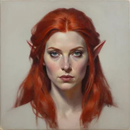 a detailed matte oil on canvas head on symmetrical portrait of a distinguished elven woman with red hair on an empty background, by charlie bowater, wlop, trending on artstationhd, dungeons and dragons art, critical role