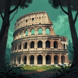 roman structure in the forest, epic retrowave art, trending on art station