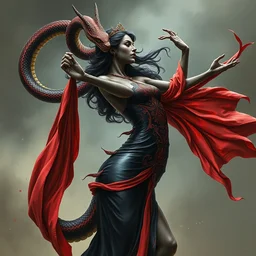 black and burgundy snake dancing goddess. highly detailed, digital painting, watercolor, soviet realism, engraving, artstation, concept art, smooth, sharp focus, vivid grunge, manga, illustration, unreal engine 5, 8 k, art by bilibin and kilian eng and kuvshinov and malevich and mucha