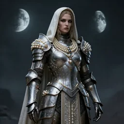 of a hyper realistic proportional stylization portrait of a techpunkk war cleric in a futuristic pearl armor, dark gloomy environment two moons