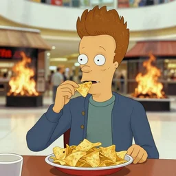 realistic portrait beavis and butthead as adults eating nachos at the mall with a store on fire in the background