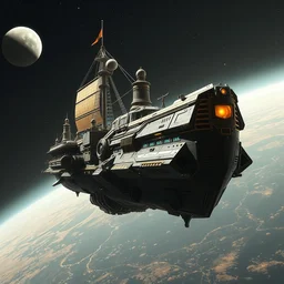 of 3 / 4 side view perspective of a historical inspired egyptian war ship as a massive futuristic spaceship with cyberpunk futuristic aesthetics, as it travels through space, planets in the background by john.