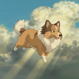 a sheltie flying a plane, by studio ghibli, by hayao miyazaki, anime, beautiful light