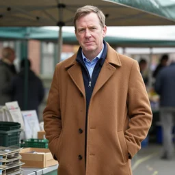 Alex Norton as DCI Matthew Burke wearing a brown overcoat standing at an outside market booth