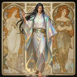 digital concept art by nixeu and fenghua zhong and alphonse mucha, portrait of an androgynous man in a kimono, iridescent, long hair, cinematic lighting, intricate, elegant, hyper detailed, character concept, full body, dynamic pose, glowing dust, highly detailed, digital painting, artstation, smooth, sharp focus, illustration.
