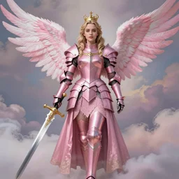 gorgeous!! hyper - realistic woman resembling emilia clarke as a princess wearing ornate pink knight armor, angel wings, angemon l holding a long sword | divine, elegant, ethereal, heavenly, clouds, holy, medieval fantasy | illustration, intricate, high detail, ultra graphics | drawn by wlop, drawn by jeehyung lee, drawn by artgerm