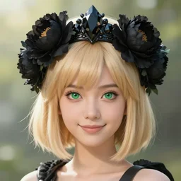 a mythical tribal warrior young woman, with blond hair and a bob haircut with sideswept bangs, wearing a crown of obsidian diamonds and thousands of black peonies, perfectly proportioned face, green eyes, sweet smile, strong jawline, natural lighting, path traced, god rays, highly detailed, high quality, realistic cartoon digital painting, by new haicheng studio ghibli nd alphonse mucha and wlop, pastel colors