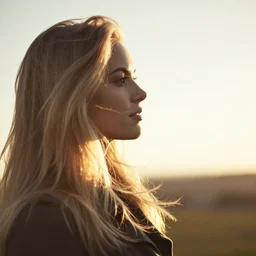 cinematic, golden hour, backlit, over the shoulder photograph of a beautiful blonde woman, looking into the distance, windy, bokeh, tilted angle, iphone 5 photo