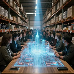 large group people in a huge warehouse, looking at hologram of futuristic city on a table | cinematic concept art | godrays | 4 k | clear details | tabletop | tabletop | hologram foreground