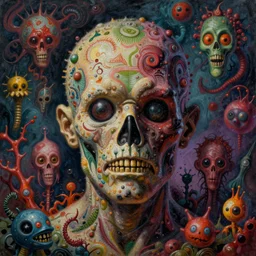 a high detailed painting with many strange textures of Freddy Vs Jason psychedelic horror, surrealism, magical realism bizarre art