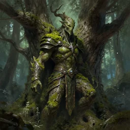 dryad with skin of moss and armor of bark emerging from a tree. d & d fantasy art, digital painting, magical forest, 8 k resolution.
