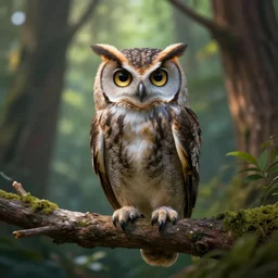 owl magic forest, owl with beautiful eyes sitting on a branch in a forest, in the style of greg simkins, shallow depth of field, highly detailed, digital painting, trending on artstation, concept art, illustration, cinematic lighting, vibrant colors, photorealism, epic, octane render