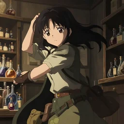 flat, anime visual, portrait of a young female traveler in a alchemist's potion shop interior, cute face by yoh yoshinari, katsura masakazu, studio lighting, dynamic pose, dynamic perspective, strong silhouette, anime cels, ilya kuvshinov, detailed, rounded eyes, moody, dramatic