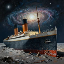 hyperrealistic painting of the highly detailed photorealistical shipwreck of titanic laying on lunar landscape, background space, galaxy, mystical light, concept art, art station, award winning art, 8k, octane render, unreal engine 5