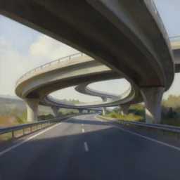 A concept painting of an empty highway with a twisting large overpass above, dramatic lighting, 20mm lens, dutch angle, trending on Artstation, highly detailed, painting by Anton Fadeev