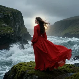 dark and moody 1 9 7 0's artistic spaghetti western film in color, a woman in a giant billowy wide long flowing waving red dress, standing inside a green mossy irish rocky scenic landscape, crashing waves and sea foam, volumetric lighting, backlit, moody, atmospheric, fog, extremely windy